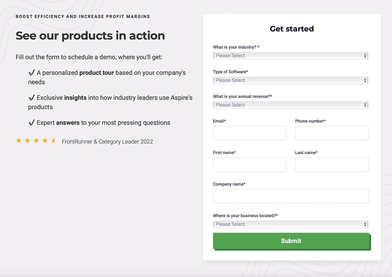 Lead generation form asking for user's industry and business size