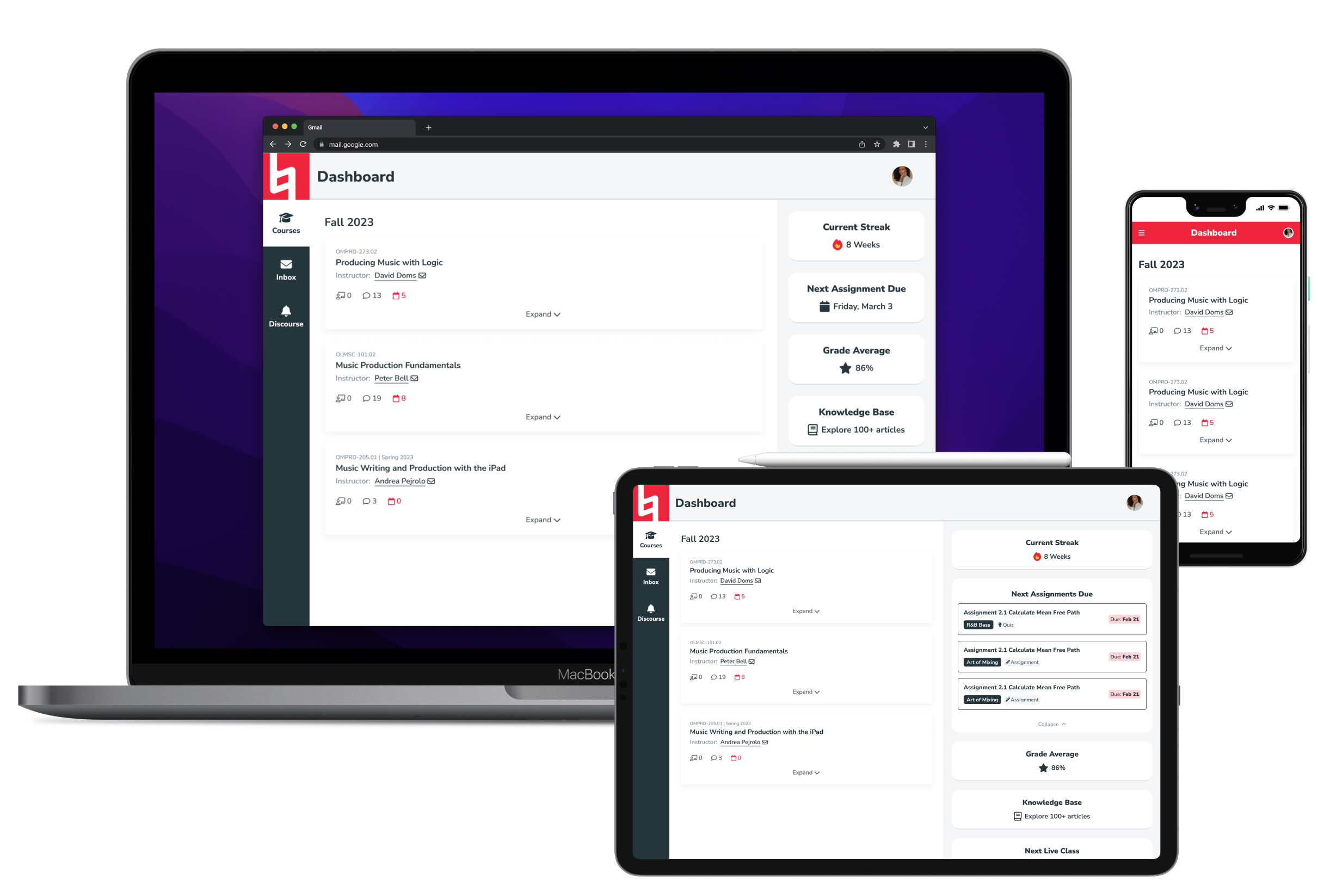 Desktop, mobile, and tablet screen designs for Berklee Online's student dashboard