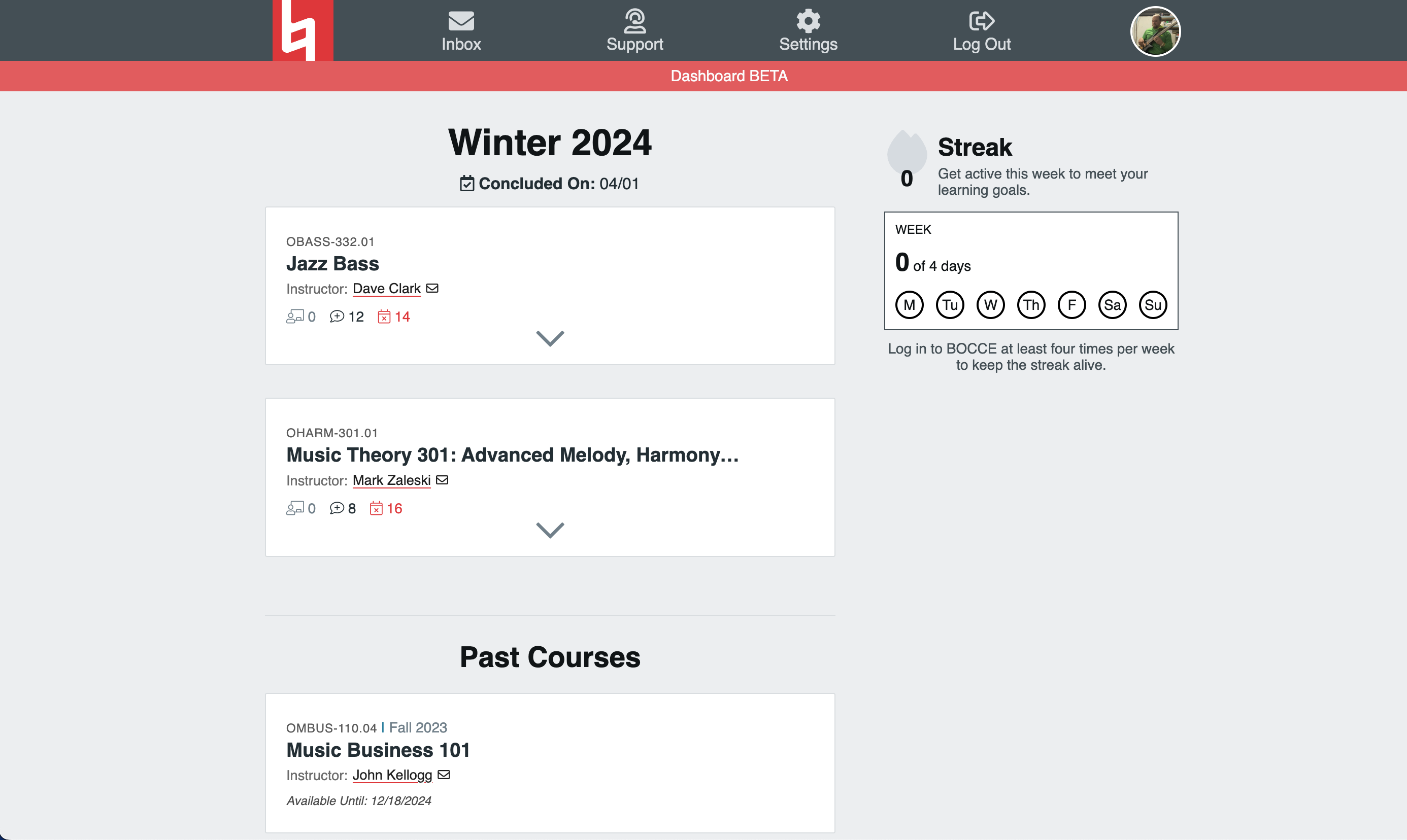 Image of original dashboard with two columns, one including a list of courses and one holding simply a "streak" widget