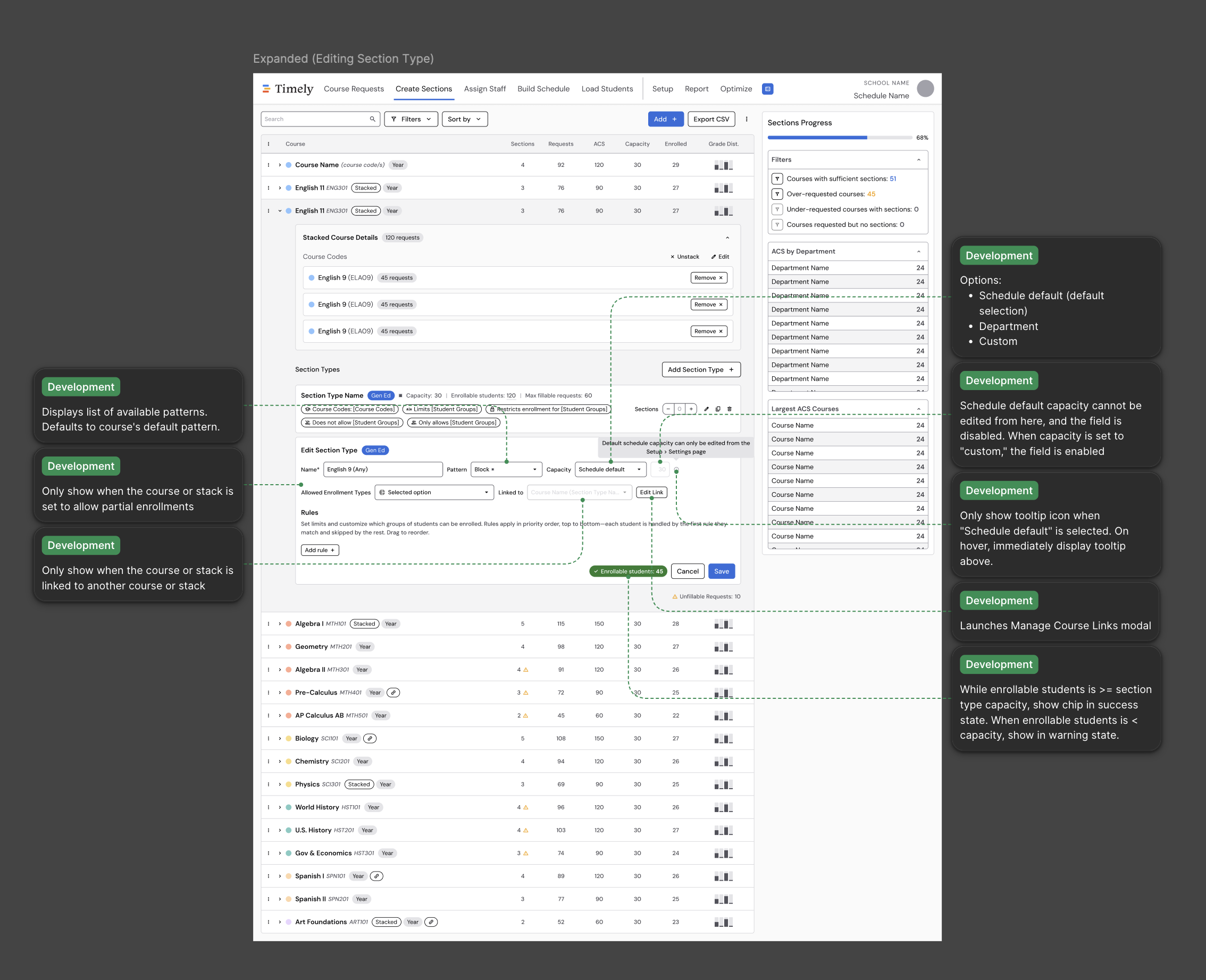 Figma design of the expanded section type editor, annotated with development notes for each behavior