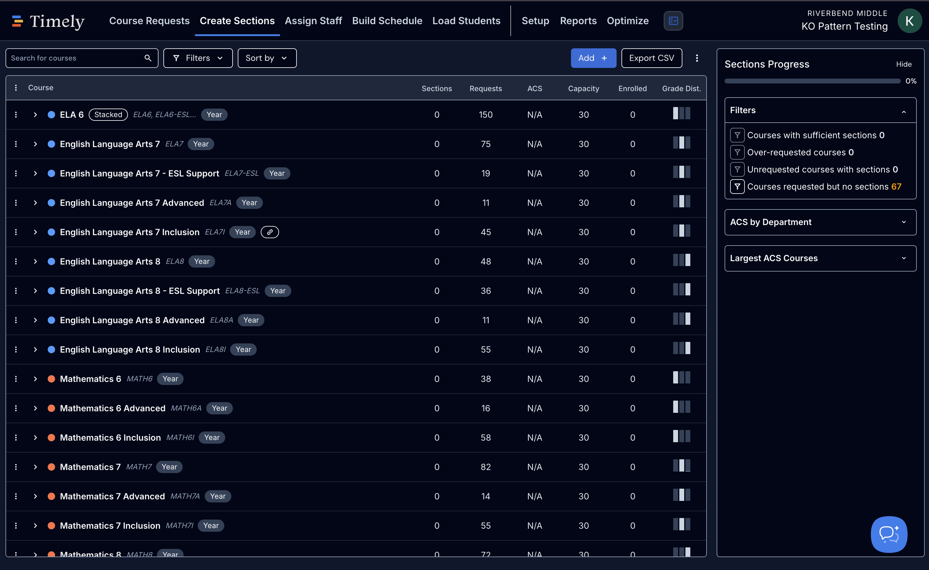 The redesigned Create Sections screen, showing a course table with sections, requests, capacity, and grade distribution alongside a Sections Progress panel