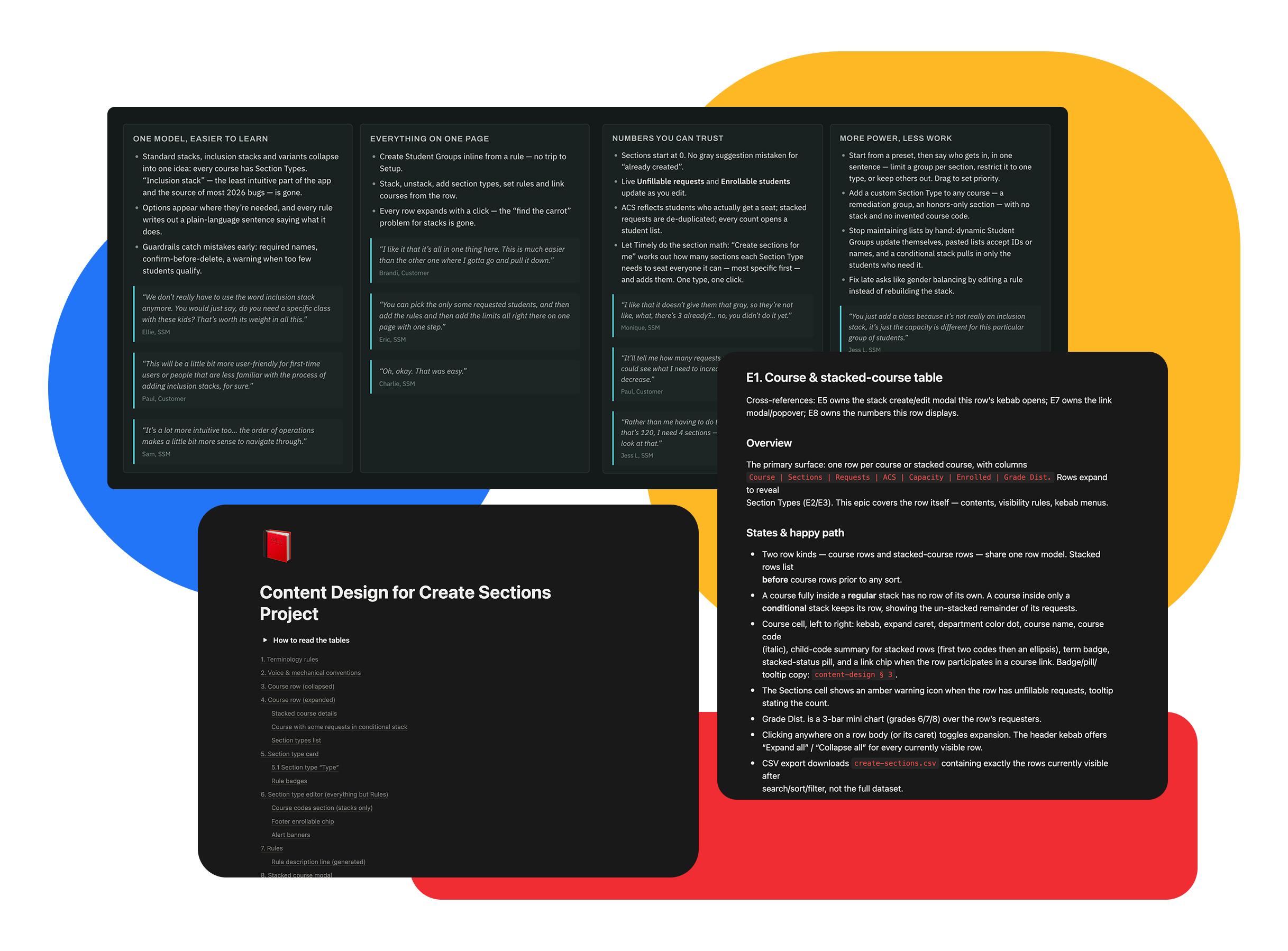 Go-to-market benefit summary backed by tester quotes, shown alongside the content design spec and the acceptance criteria spec
