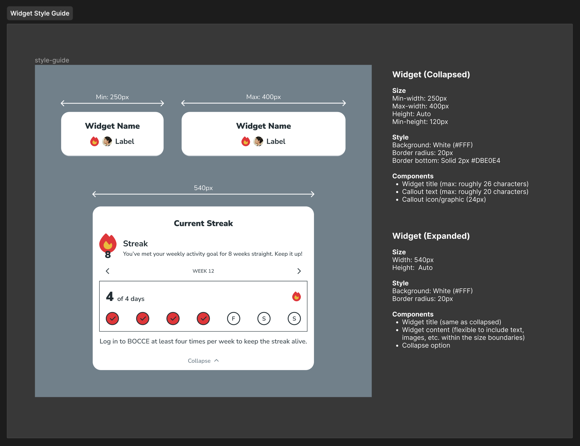 Widget style guide includes instructions for implementing future widgets including character limits, sizing restrictions, border radius, and more.